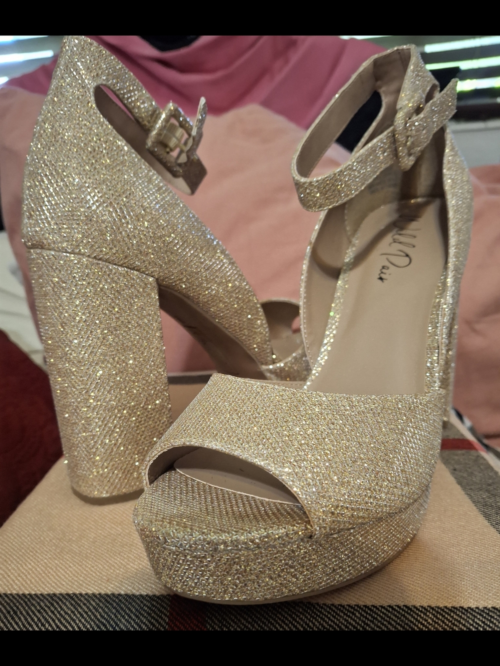 Gold Glitter Block Heel Platform Sandals with Ankle Strap
